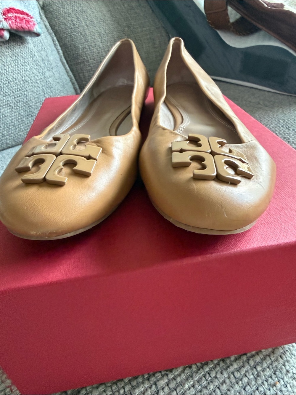 Tory Burch Cognac Leather Logo Ballet Flats